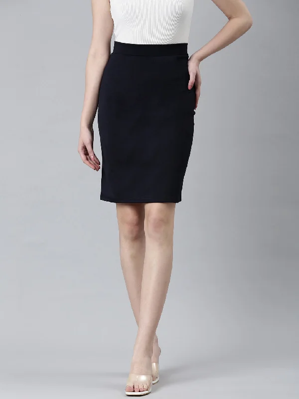 Women Navy Blue Solid Pencil Skirt