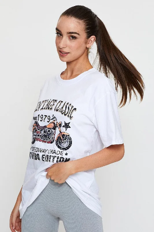 White Graphic T Shirt Short Sleeve Oversized Geometric