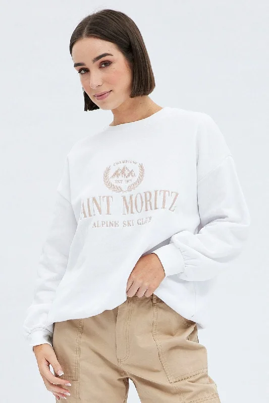 White Graphic Sweater Long Sleeve Unique Women's Upcycled