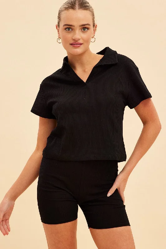 Black Prea Rib Polo Short Sleeve Tee Feminine Women's Soft 