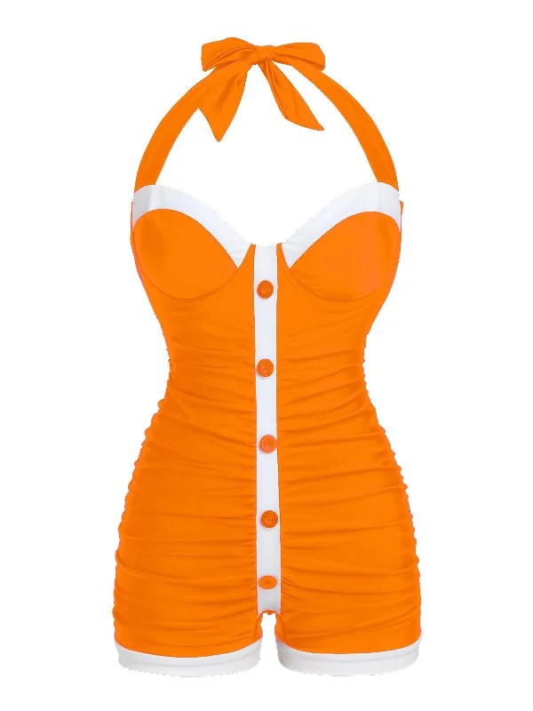 Orange 1950s Pleated Halter Swimsuit