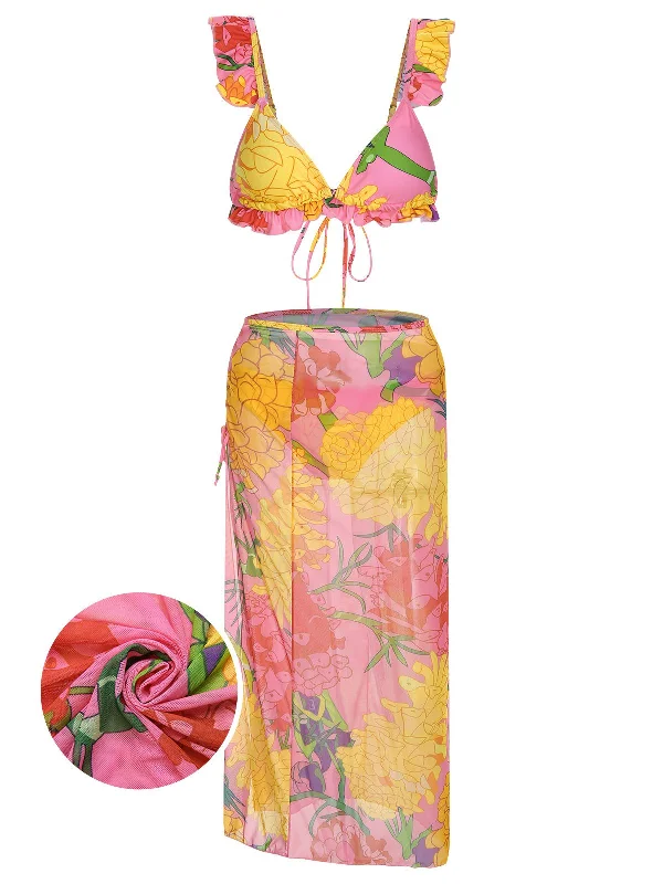 3PCS 1950s Pink Floral Swimsuit Set