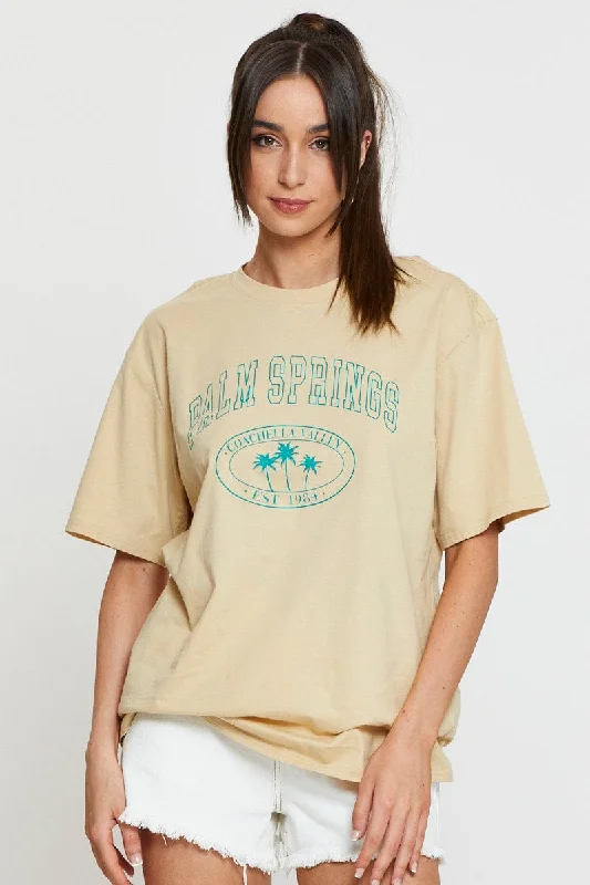 Beige Graphic T Shirt Short Sleeve Cozy Women's Winter