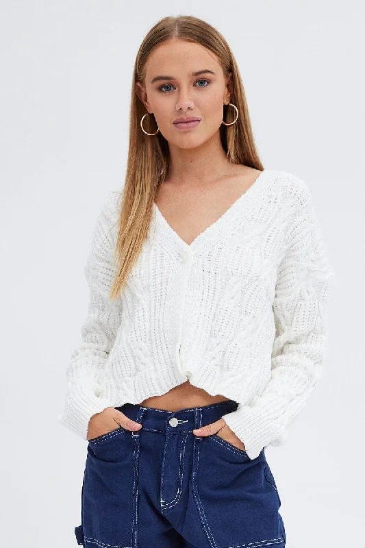 White Oversized Cable Knit Cardigan Youthful Women's Pop