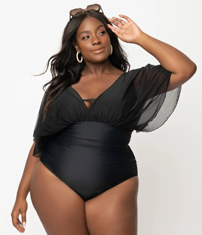 Unique Vintage Plus Size Black Mesh Sleeved Torrey Swimsuit