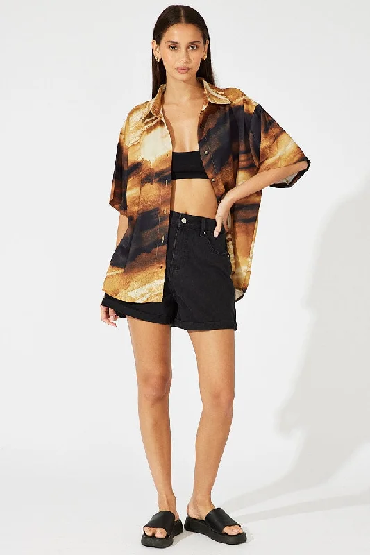 Brown Abstract Satin Shirt Short Sleeve Cozy Women's Winter