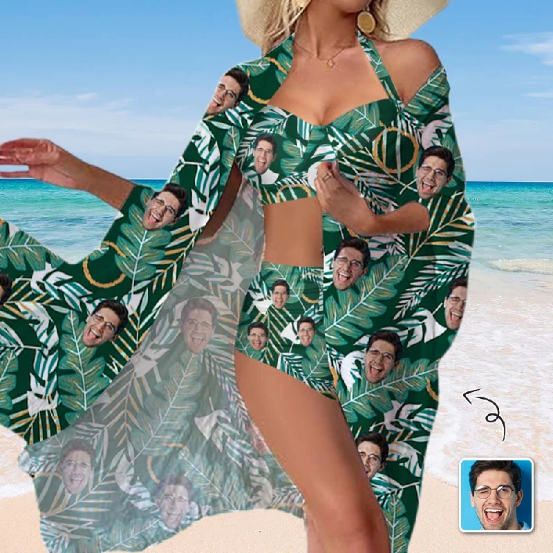 Custom Face Banana Leaves Women's Bikini Swimsuit Long Short Kimono Chiffon Blouse Set