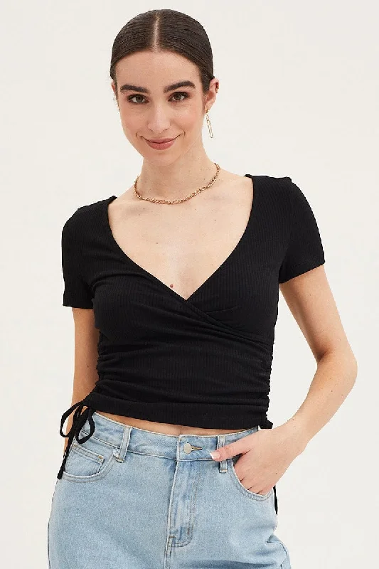 Black Top Drawstring Wrap Neck Elegant Women's 