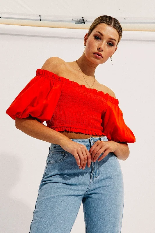 Orange Shirred Top Volume Short Sleeve Crop Linen Blend Compression