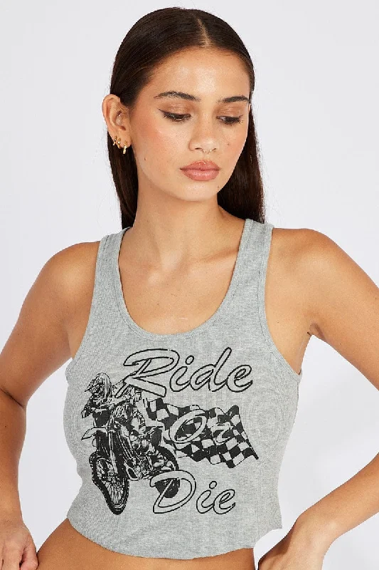 Grey Graphic Tank Sleeveless Rib Youthful Women's Pop