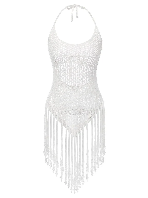 White 1960s Grid Halter Cover Up