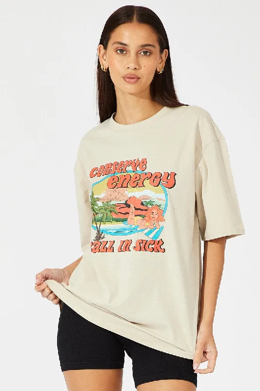 Beige Graphic Tee Short Sleeve Sustainable Organic