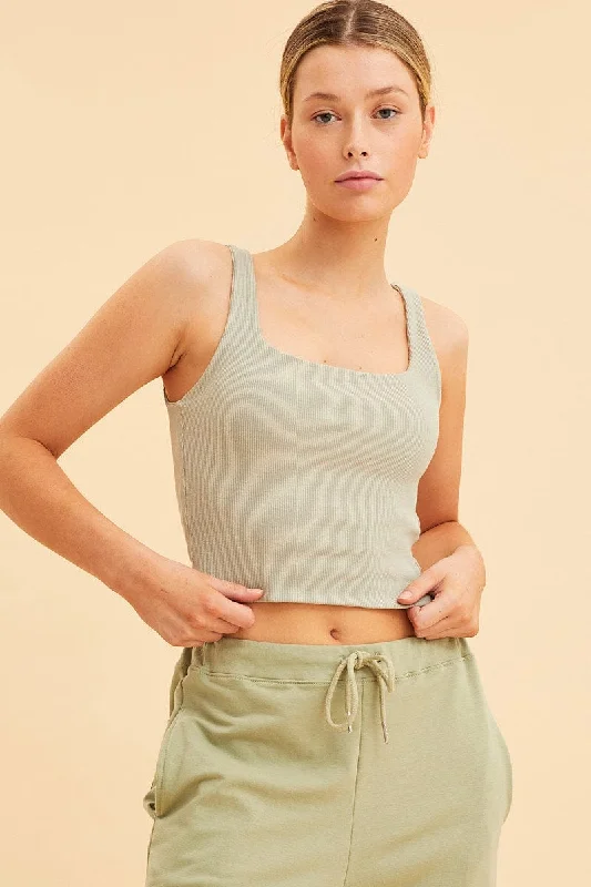 Green Crop Tank Square Neck Cotton Blend Rib Sleek Women's 