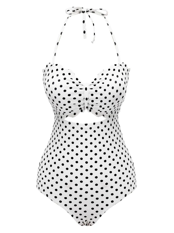 White 1940s Polka Dot Lace Up Halter Swimsuit