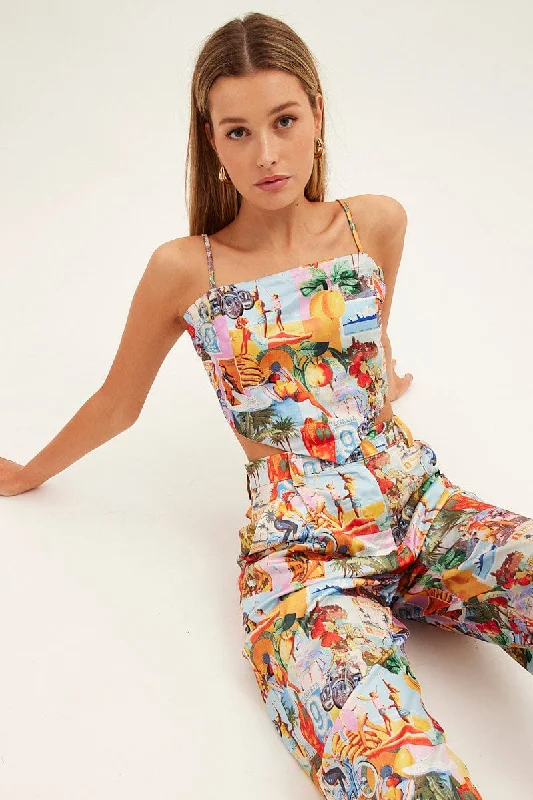 Orange Abstract Crop Top Sleeveless Scarf Postcard Holiday Satin Gym