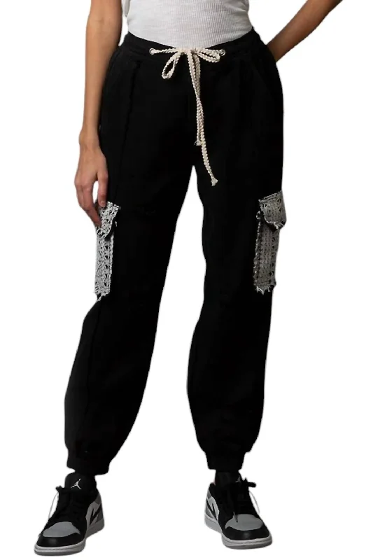 Jogger Denim Pants With Crochet Lace Pocket In Black