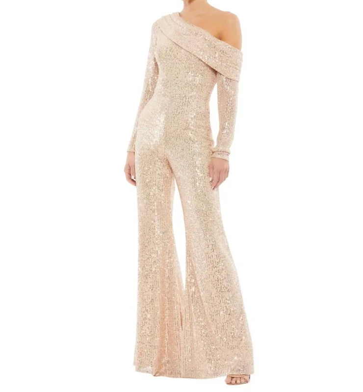 Off Shoulder Sequin Flared Jumpsuit In Rose Gold