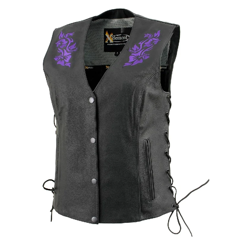 Xelement XS24005 Women's ‘Gemma’ Black and Purple Motorcycle Rider Leather Vest with Side Laces