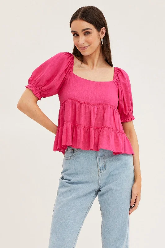 Pink Peplum Top Short Sleeve Casual Women's Japanese 
