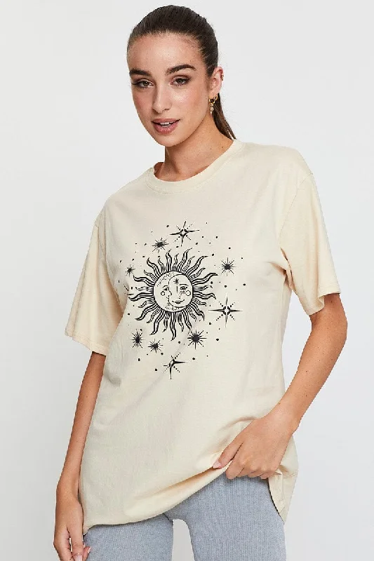 Beige Graphic T Shirt Short Sleeve Athletic Women's High - 