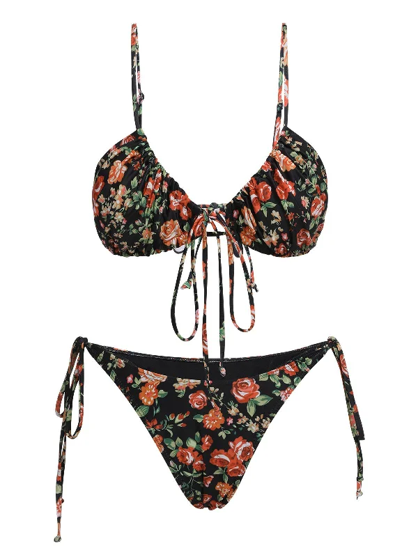 1950s Floral Lace-Up Spaghetti Strap Bikini Set