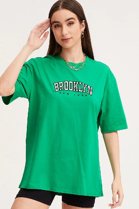 Green Graphic T Shirt Short Sleeve Embroided Cool Women's Distressed