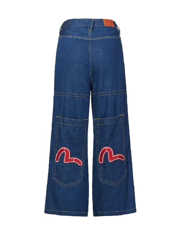 Denim Culottes with Seagull Embroidered Huge Pockets