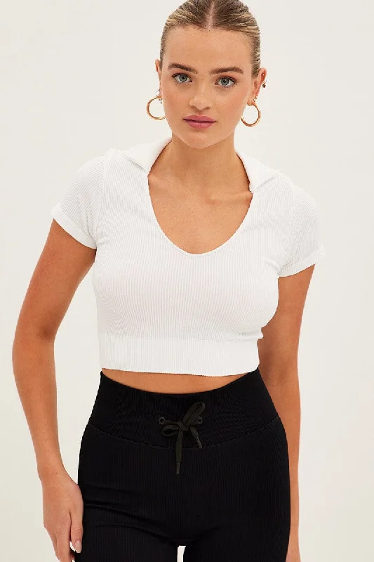 White Collar Top Short Sleeve Seamless Refined Women's 