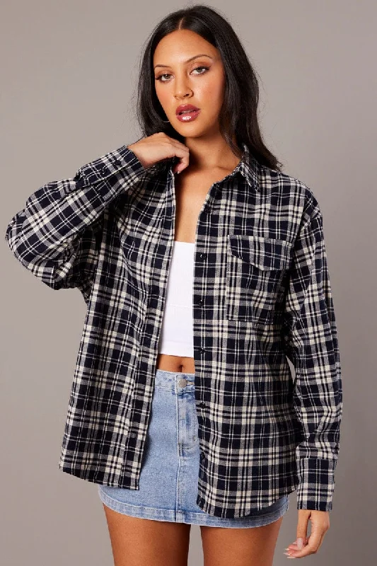 Blue Check Relaxed Shirt Long Sleeve Hip Women's Retro