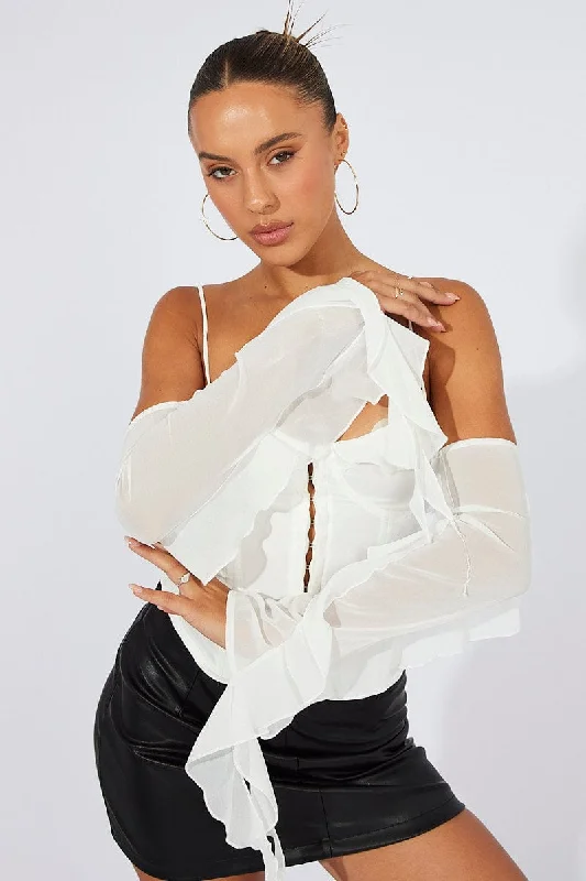 White Corset Top Off The Shoulder Ruffle Sleeves Cool Women's Distressed