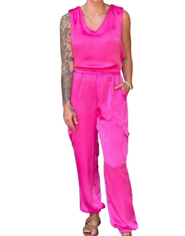 Satin Tapped Cargo Jumpsuit In Hot Pink