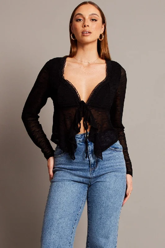 Black Tie Up Front Top Long Sleeve Lace Classic Women's Pin - striped