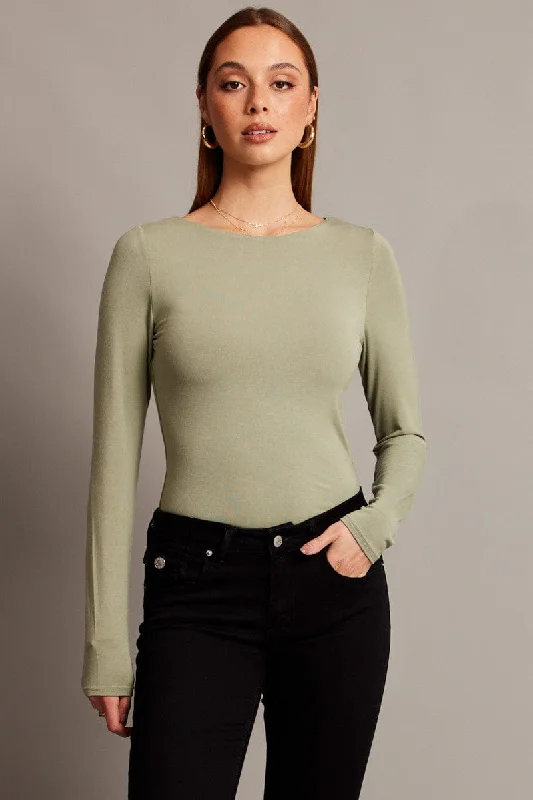 Green Top Long Sleeve Boat Neck Modal Dapper Women's Bow - adorned