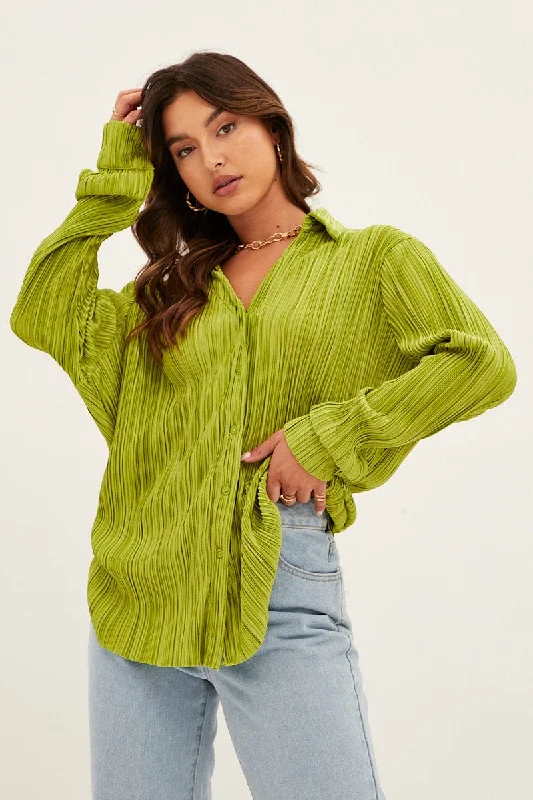 Green Plisse Shirt Long Sleeve V Neck Longline Country