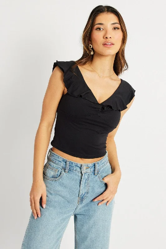 Black Ruffle Neck Top Sleeveless Supersoft Scandinavian