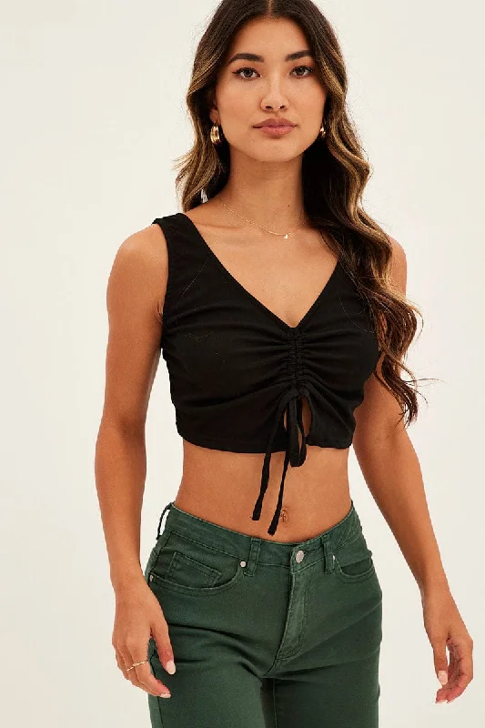 Black Butterfly Tank Drawstring Front Crop Elegant Women's 
