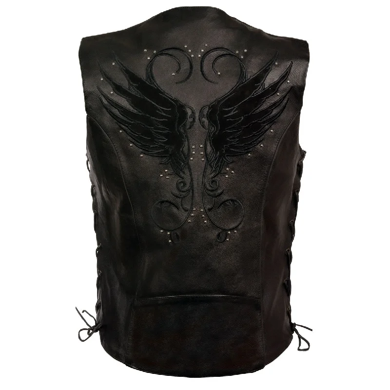 Milwaukee Leather MLL4505 Women's Black Leather Side Lace Motorcycle Rider Vest- Reflective and Studded Black Wings