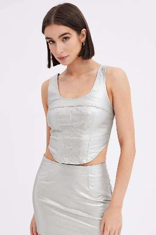 Metallic Corset Top Sleeveless Scoop Neck PU Silver Monochromatic Office Style