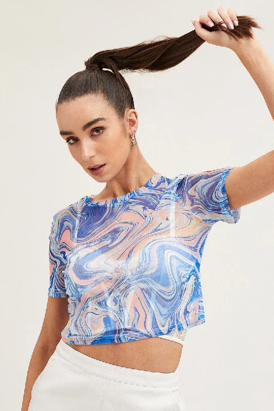 Abstract Print Mesh Short Sleeve Crop Top Sharp Women's Italian