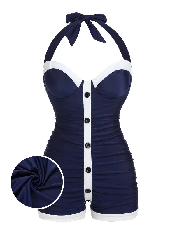 [Plus Size] Navy Blue 1950s Pleated Halter Swimsuit