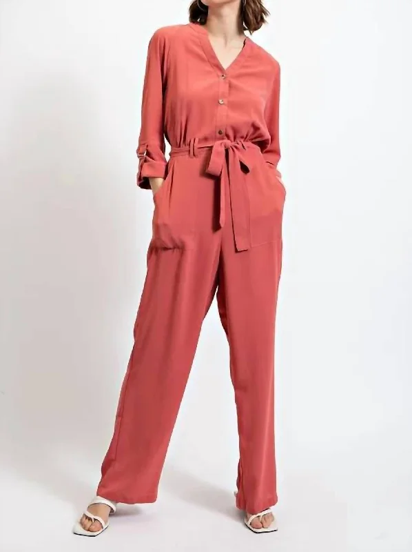 Roll Sleeve Waist Tie Jumpsuit In Dark Rose