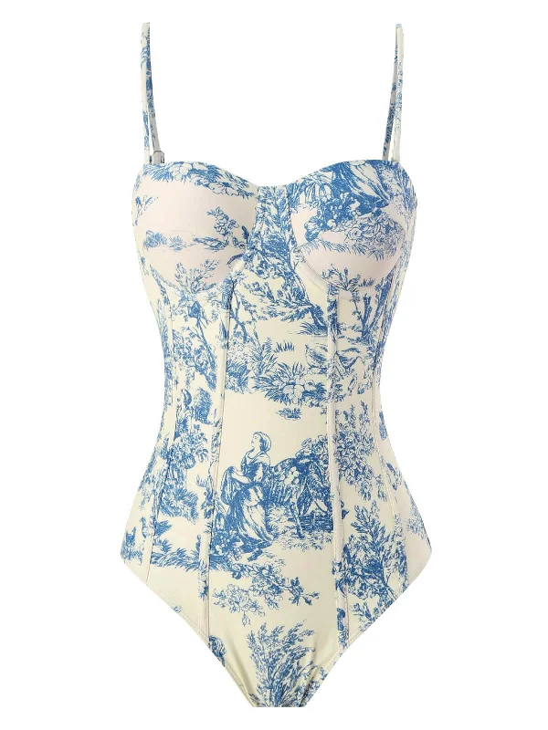 1950s Ink Floral Spaghetti Strap One-Piece Swimsuit