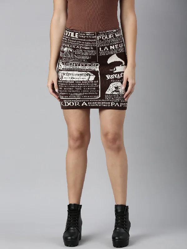 Women Self Design Brown Pencil Mini Skirt