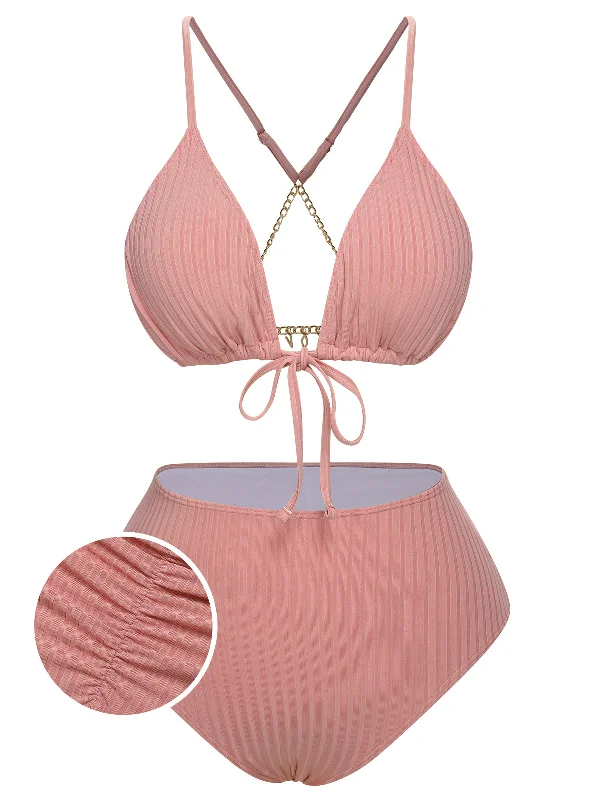 [Plus Size] Pink 1950s Solid Pleated Bikini Set