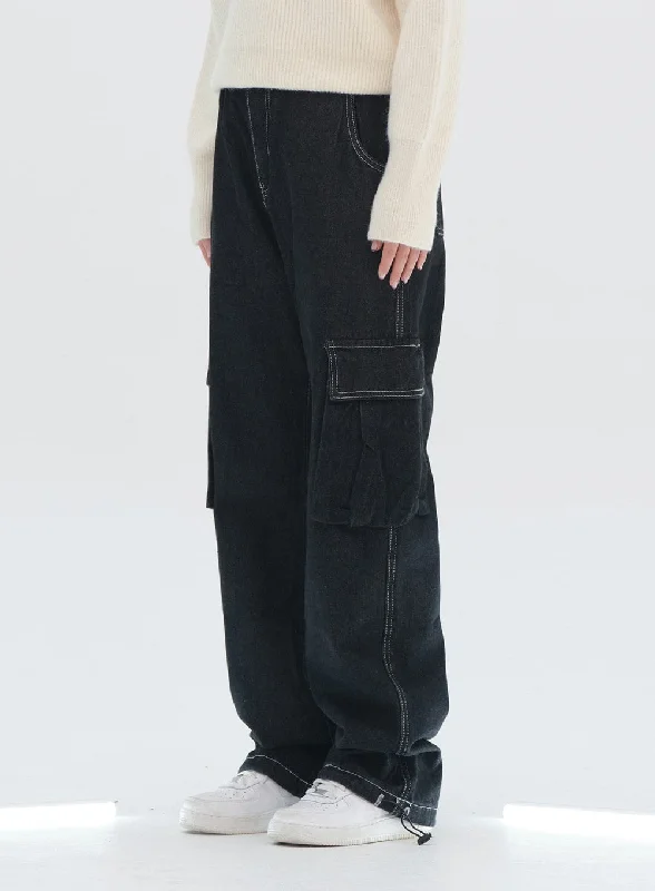 Wide Leg Denim Cargo Pants