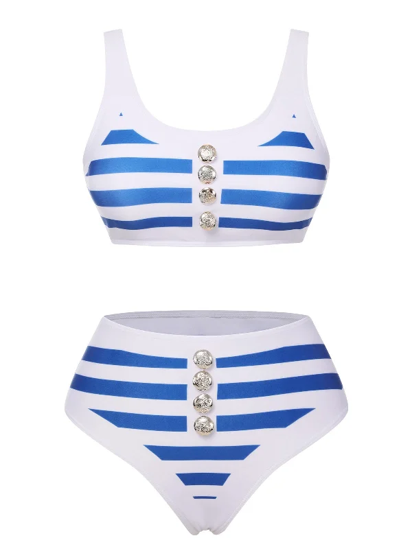 Blue & White 1950s Stripes Buttons Swimsuit