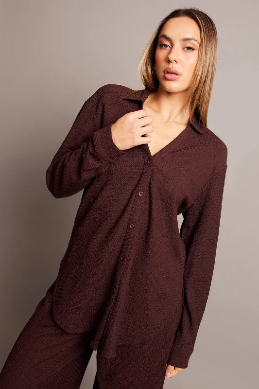 Brown Relaxed Shirt Long Sleeve Textured Bold Women's Statement