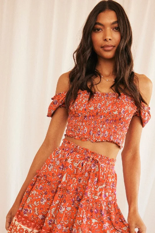 Red Boho Crop Top Short Sleeve Square Neck Shirred French