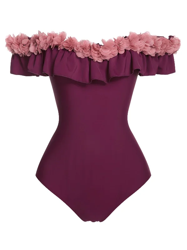 1940s Solid Petal Patchwork One Shoulder Swimsuit