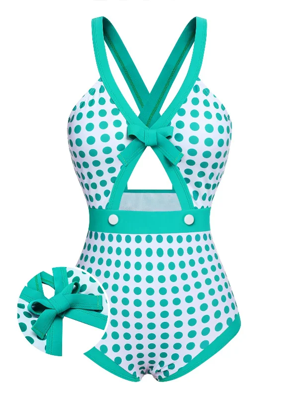 Green 1940s Polka Dot Bowknot One-Piece Swimsuit